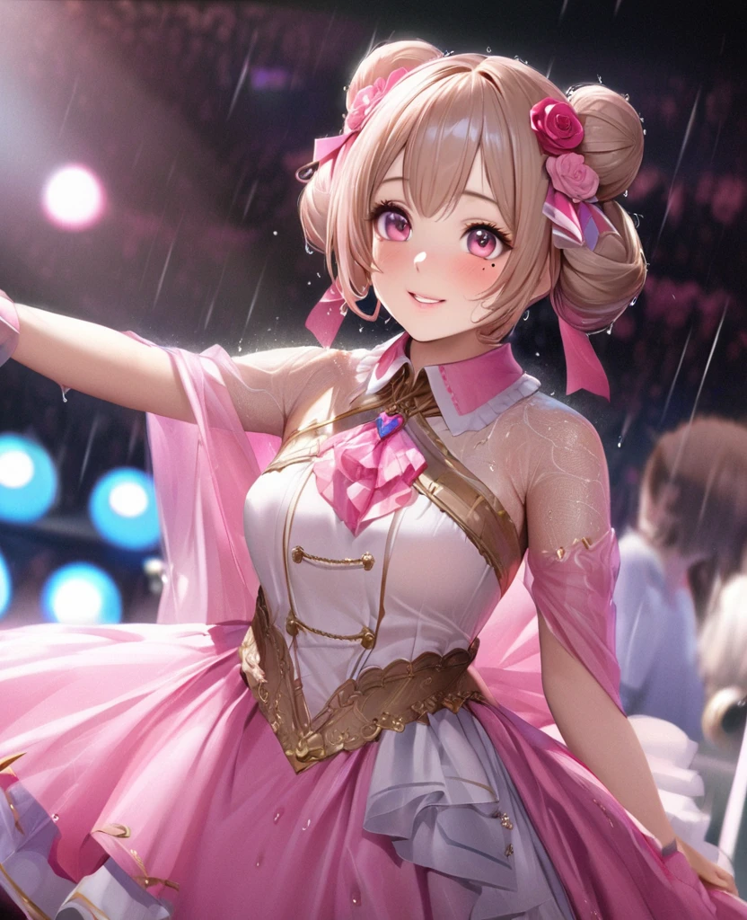 One Girl、Looking at the audience、lovely,
Beautiful pink eyes、Two brown double hair buns , Mole under the eye、Plump and glossy lips、Heart-shaped choca、Idol、Her name is May,smile、ー、。.。.。.。.。.。.。.。.。.。.。.。.。.。.。.。.。.。.3D、Realistic、
The idol's costume was soaked in the heavy rain, and her chest was wet and transparent.Heavy rain at outdoor concert, Drape clothes、gem、The decoration has been removed、Floral、Lace trim,On a glittering stage、
masterpiece、highest quality、8k、Detailed skin texture、Detailed cloth texture、Beautifully detailed face、Intricate details、Very detailed、
超A high resolution、8k Ultra HD、Film Grain、Best Shadow、delicate、Gazing at the audience、front