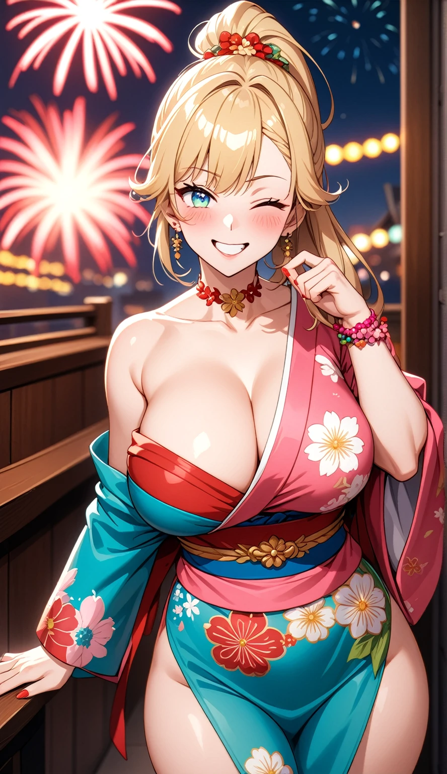 One personの女性)), Beautiful Face,Laughing embarrassedly,((Wink:2.0)),Laugh with your mouth wide open,((Bright red cheeks:1.4)),Glossy pink lips,night,rooftop,Festive decorations,You can see the ocean, firework,Glossy pink lips,Lighting on the face,((Anime style background)),masterpiece, Highest quality, so beautiful, Latest, Complex details, (Pink long nails),(ring),(flower bracelet),Floral choker,AI-generated, Complex,High resolution, Highest quality, super high quality,3D Images、View your viewers、3D Images,One person,Long blonde hair,High Ponytail,Turquoise Eyes,Anime woman posing for a photo, (Fine grain,Colorful eyes,Shining Eyes:1.3),(Squint your eyes:1.1),a hyperRealistic , hyperRealistic , Realistic,Blonde anime woman with long hair, Smooth anime CG art, A woman in a colorful kimono with gold embroidery, (Pink long sleeve kimono),Red floral pattern,Long flower hair ornament,Large floral earrings,(ring),(Big Breasts:1.2),Mature Body,Tall,Big Ass,Narrow waist,Abdominal muscles,(Zoom in on face:1.5),Shooting from below