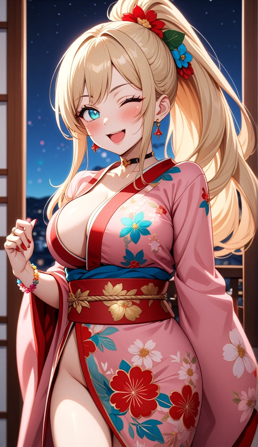 One personの女性)), Beautiful Face,Laughing embarrassedly,((Wink:2.0)),Laugh with your mouth wide open,((Bright red cheeks:1.4)),Glossy pink lips,night,rooftop,Festive decorations,You can see the ocean, firework,Glossy pink lips,Lighting on the face,((Anime style background)),masterpiece, Highest quality, so beautiful, Latest, Complex details, (Pink long nails),(ring),(flower bracelet),Floral choker,AI-generated, Complex,High resolution, Highest quality, super high quality,3D Images、View your viewers、3D Images,One person,Long blonde hair,High Ponytail,Turquoise Eyes,Anime woman posing for a photo, (Fine grain,Colorful eyes,Shining Eyes:1.3),(Squint your eyes:1.1),a hyperRealistic , hyperRealistic , Realistic,Blonde anime woman with long hair, Smooth anime CG art, A woman in a colorful kimono with gold embroidery, (Pink long sleeve kimono),Red floral pattern,Long flower hair ornament,Large floral earrings,(ring),(Big Breasts:1.2),Mature Body,Tall,Big Ass,Narrow waist,Abdominal muscles,(Zoom in on face:1.5),Shooting from below