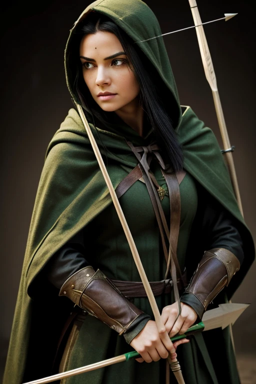 Hunter, female faces us, jet-black hair covered with the hood of her green medieval cloak, a (((long-bow))) held in her left hand towards the viewer, the arrow pulled back with her right hand to the middle of her jaw, an intense focus in her stare down the arrow shaft, longbow facing viewer, arrow tip closest to viewer,