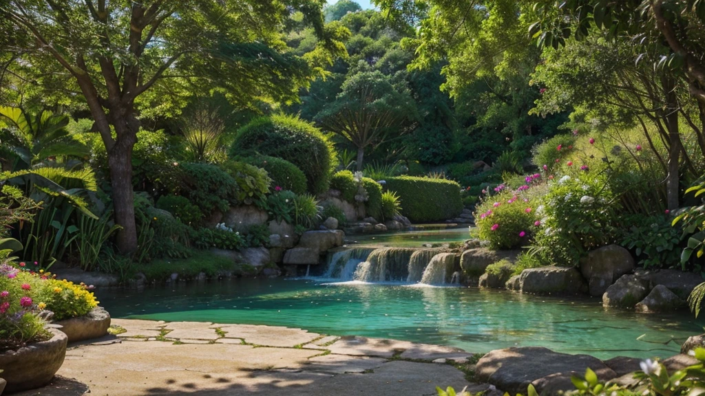 The camera pans slowly to reveal the Garden of Eden in all its glory. The rising sun bathes the environment in golden light, creating shimmering reflections on the leaves of the trees and the crystal-clear waters of a river winding through the garden. The sky is a clear blue, dotted with a few fluffy white clouds. Lush trees with vibrant green leaves and flowers of various colors adorn the landscape. Exotic birds with colorful plumage fly through the sky, and butterflies flutter from flower to flower.