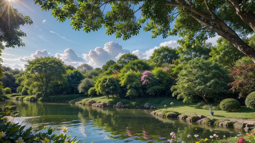 The camera pans slowly to reveal the Garden of Eden in all its glory. The rising sun bathes the environment in golden light, creating shimmering reflections on the leaves of the trees and the crystal-clear waters of a river winding through the garden. The sky is a clear blue, dotted with a few fluffy white clouds. Lush trees with vibrant green leaves and flowers of various colors adorn the landscape. Exotic birds with colorful plumage fly through the sky, and butterflies flutter from flower to flower.