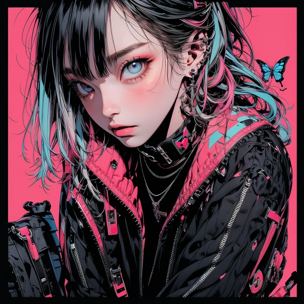 ((((dramatic))), (((gritty))), (((intense))) film poster featuring a young neon blue hair woman as the central character. She stands confidently in the center of the poster, wearing a stylish and edgy leather corset lace panties and thigh high boots with lots of straps buckles and zippers, with a determined expression on her face. The background is aesthetic atmospheric dark and gritty, cherry blossoms and butterflies blowing in the wind, with a sense of danger and intensity. The text is bold and attention-grabbing, with a catchy tagline that adds to the overall feeling of drama and excitement. The color palette is mainly dark with splashes of vibrant neon colors, giving the poster a dynamic and visually striking appearance,tachi-e
(magazine:1.3), (cover-style:1.3), fashionable, woman, vibrant, outfit, sexy seductive posing, front, colorful, dynamic, background, elements, confident, expression, holding, statement, accessory, majestic, coiled, around, touch, scene, text, cover, bold, attention-grabbing, title, stylish, font, catchy, headline, larger, striking, modern, trendy, focus, fashion,