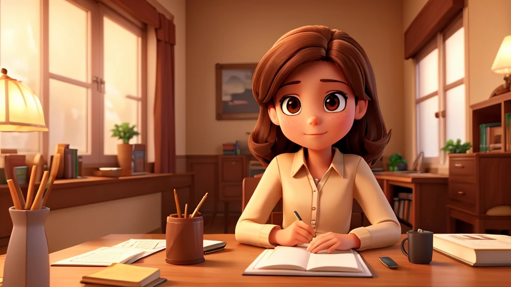 high quality,4k,Confident girl,Brown hair,Doing homework on the table,effort,Angle in front of the table,Plenty of light,Warm colors,High-end