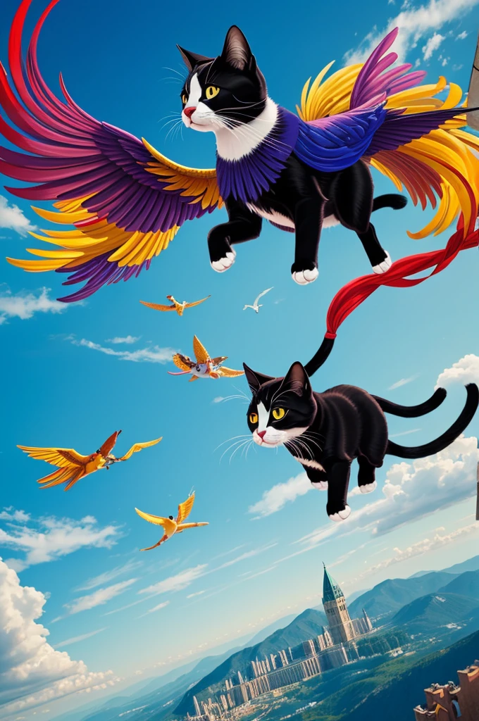 "Create a muralistic artwork of a flying cat, capturing the whimsical essence of its flight. Incorporate vibrant colors and bold, dynamic shapes to convey a sense of movement and freedom. Emphasize the cat's graceful posture and the swirling motion of the air around it. Infuse the mural with a touch of surrealism to enhance the magical quality of the scene. Let your creativity soar as you bring this fantastical vision to life on the canvas."