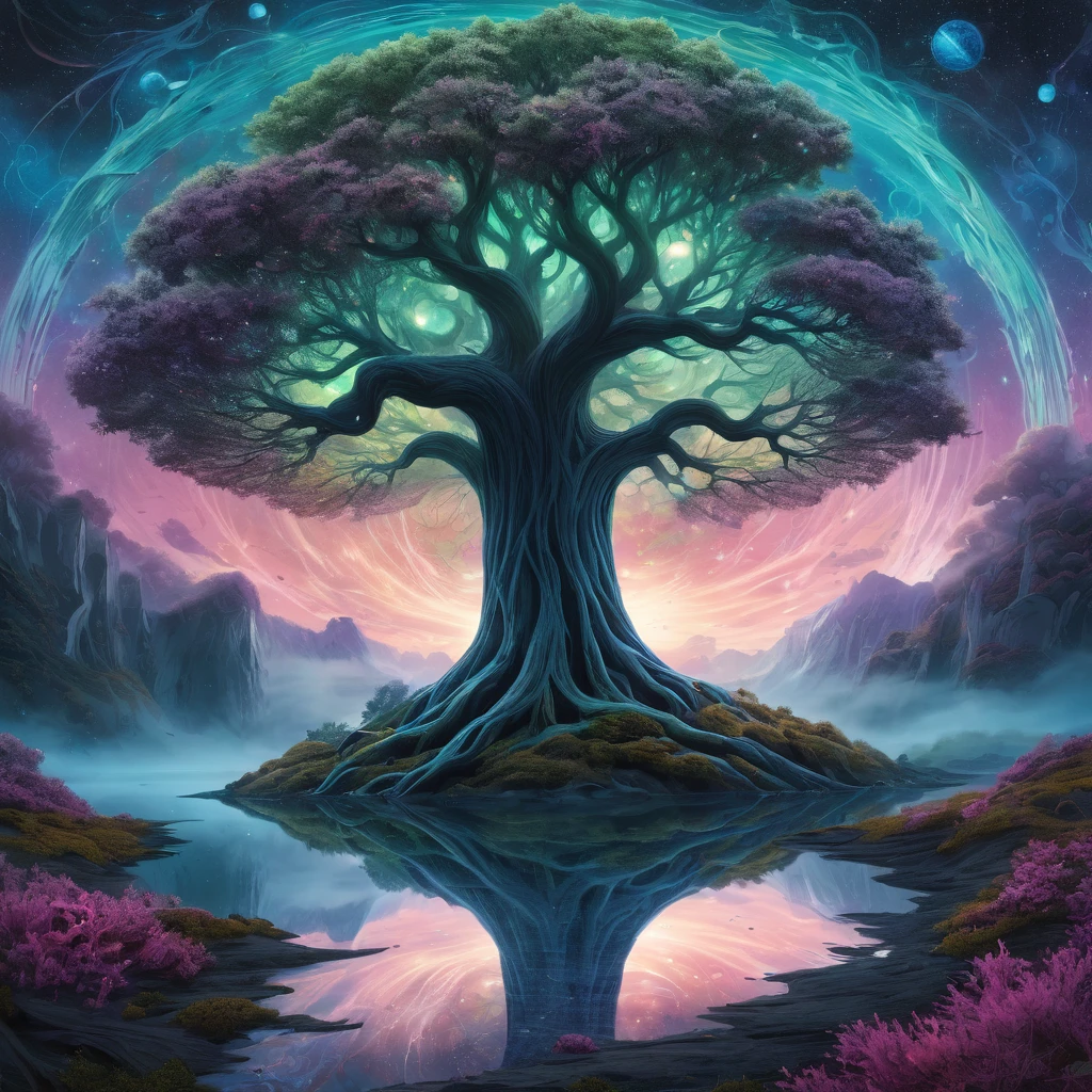 Create an incredibly striking and unique image designed as album cover art. Imagine a surreal, otherworldly landscape that combines elements of fantasy and reality. The central focus is a majestic, ancient tree with sprawling branches and glowing leaves that seem to pulse with energy. At the base of the tree, an ethereal figure—part human, part celestial being—stands with arms outstretched, as if drawing power from the tree.
Surrounding the tree, the landscape is a blend of vibrant colors and abstract shapes, with swirling mist and floating islands adding to the dreamlike quality. The sky is an explosion of colors, with galaxies, nebulae, and distant stars creating a cosmic backdrop.
In the foreground, intricate patterns and symbols are etched into the ground, glowing faintly and suggesting a mystical significance. The overall composition should be dynamic, with flowing lines and vibrant contrasts that draw the viewer’s eye.
The color palette should be bold and varied, featuring deep blues, purples, and golds, with highlights of neon pink and green to enhance the otherworldly feel. The entire image should evoke a sense of wonder, mystery, and transcendence, capturing the imagination and hinting at the musical journey within the album.