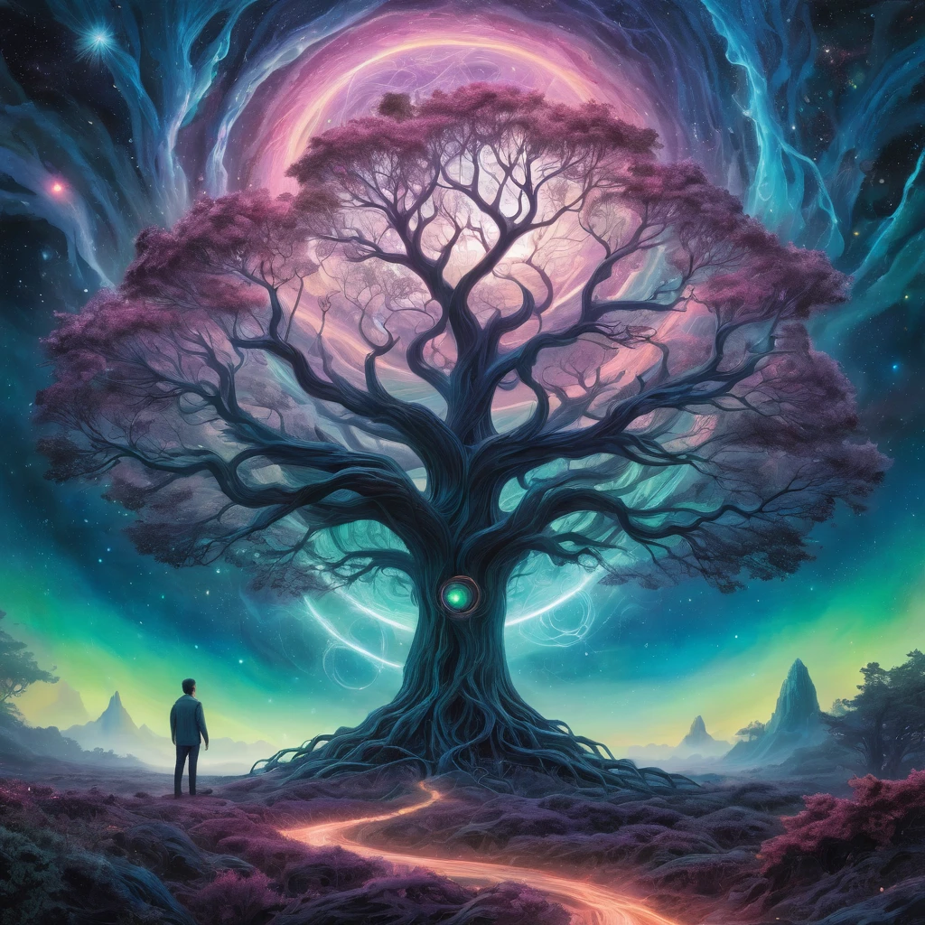 Create an incredibly striking and unique image designed as album cover art. Imagine a surreal, otherworldly landscape that combines elements of fantasy and reality. The central focus is a majestic, ancient tree with sprawling branches and glowing leaves that seem to pulse with energy. At the base of the tree, an ethereal figure—part human, part celestial being—stands with arms outstretched, as if drawing power from the tree.
Surrounding the tree, the landscape is a blend of vibrant colors and abstract shapes, with swirling mist and floating islands adding to the dreamlike quality. The sky is an explosion of colors, with galaxies, nebulae, and distant stars creating a cosmic backdrop.
In the foreground, intricate patterns and symbols are etched into the ground, glowing faintly and suggesting a mystical significance. The overall composition should be dynamic, with flowing lines and vibrant contrasts that draw the viewer’s eye.
The color palette should be bold and varied, featuring deep blues, purples, and golds, with highlights of neon pink and green to enhance the otherworldly feel. The entire image should evoke a sense of wonder, mystery, and transcendence, capturing the imagination and hinting at the musical journey within the album.