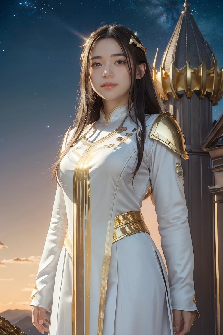 ((masterpiece, best quality, extremely detailed), volumetric lighting, ambient occlusion, colorful, glowing), 
1girl, solo, young girl, (dark hair), long hair, halo, aura, sacred, goddess, cleric suit, (white outfit with gold detailst:1.3), armor,
outdoors, sunset, sky, clouds, space, (fantasy theme:1.2),