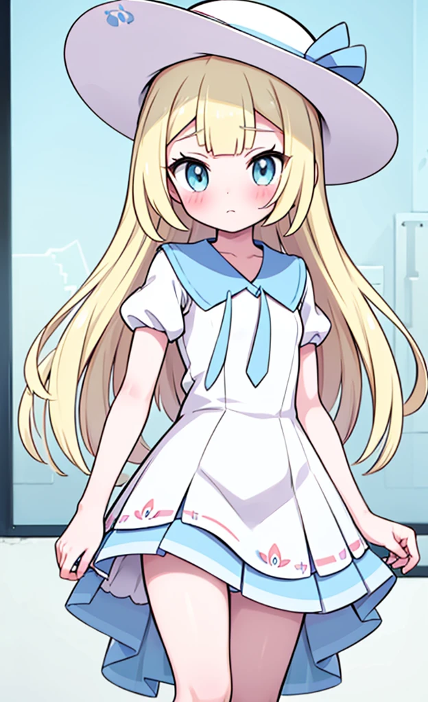 masterpiece,best quality,1 girl,solo,blush with embarrassment,Lillie,Pokémon,White Pleated Dresses,White clothes with light blue collar,Pokémon風の画風,(boldline:1.6),(deluster:1.5),(flat:1.5),White wide-brimmed hat with light blue ribbon,