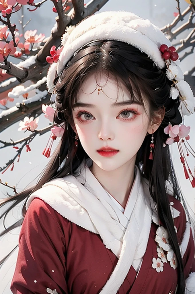 girl,Surrounded by plum blossoms,Heavy snow in winter,Clear face,Look at the lens,Chinese style,Traditional Culture