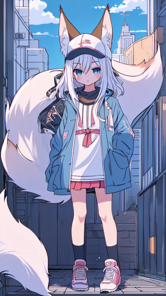 Anime girl and a fox standing in front of a building, Anime Aesthetics, White fox, Anime style 4 k, Anime style. 8K, flat Anime style, Lofi art style, Anime atmosphere, Anime art style, anime art wallpaper 8 k, high quality Anime art style, There is a white fox beside the girl,Girl with a fox,Girl in baseball cap