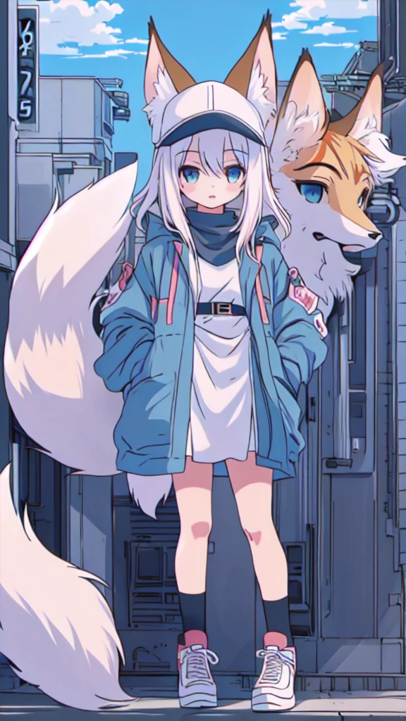 Anime girl and a fox standing in front of a building, Anime Aesthetics, White fox, Anime style 4 k, Anime style. 8K, flat Anime style, Lofi art style, Anime atmosphere, Anime art style, anime art wallpaper 8 k, high quality Anime art style, There is a white fox beside the girl,Girl with a fox,Girl in baseball cap