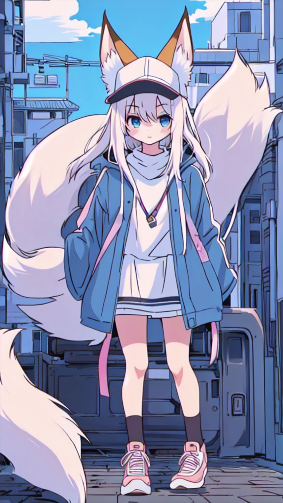 Anime girl and a fox standing in front of a building, Anime Aesthetics, White fox, Anime style 4 k, Anime style. 8K, flat Anime style, Lofi art style, Anime atmosphere, Anime art style, anime art wallpaper 8 k, high quality Anime art style, There is a white fox beside the girl,Girl with a fox,Girl in baseball cap