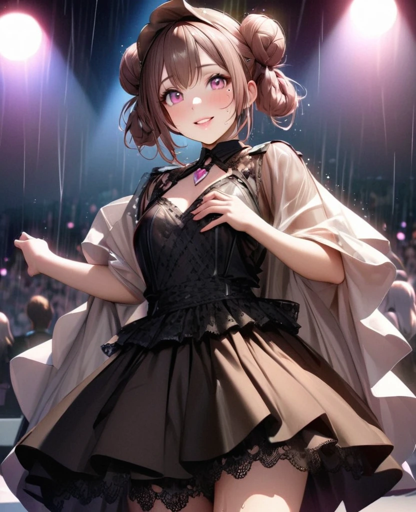 One Girl、Looking at the audience、lovely,
Beautiful pink eyes、Two brown double hair buns , Mole under the eye、Plump and glossy lips、Heart-shaped choca、Idol、Her name is May,smile、ー、。.。.。.。.。.。.。.。.。.。.。.。.。.。.。.。.。.。.3D、Realistic、
The idol's costume was soaked in the heavy rain, and her chest was wet and transparent.Heavy rain at outdoor concert, Drape clothes、gem、The decoration has been removed、Floral、Lace trim,On a glittering stage、
masterpiece、highest quality、8k、Detailed skin texture、Detailed cloth texture、Beautifully detailed face、Intricate details、Very detailed、
超A high resolution、8k Ultra HD、Film Grain、Best Shadow、delicate、Gazing at the audience、front