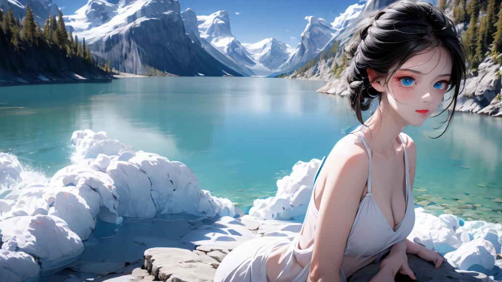 1 girl, medium light black hair, light blue eyes, wearing Sexy outfit , sea , Sexy , high res, ultrasharp, 8K, masterpiece, Looking from the front