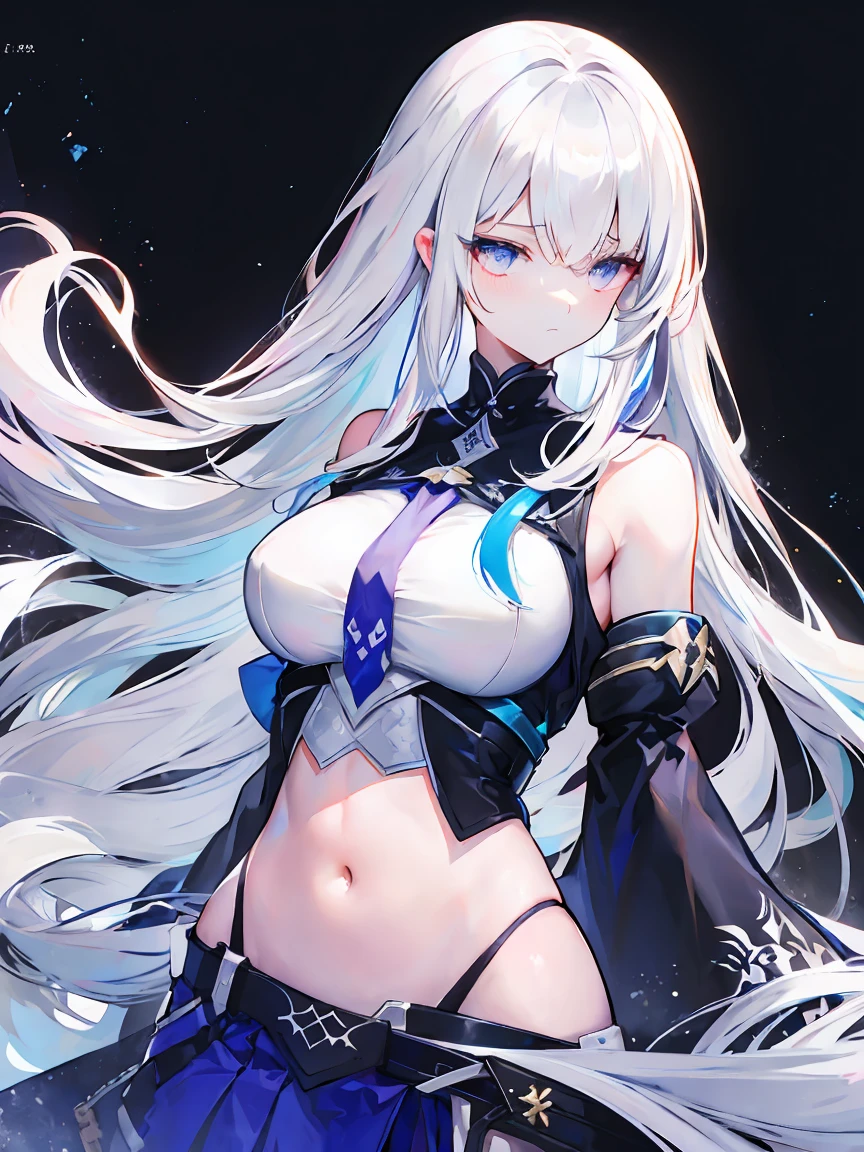 Light purple gradient hair,asymmetrical hair,((Thick hair 1.8,Clear head outline 1.6)), Shoulder-length hair, messy hair, Very long hair, shiny hair,(long gray hair:1.2),A beautiful girl,(White school uniform:2.0), Black skirt,Navel,Bare shoulders,Blue tie)(Separate sleeves,Wide sleeves),(Fingerless gloves),(Transparent clothes transparent 1.8),Perfect body,,(Looks sad,Looks haggard ,Grief,shut your mouth:1.2) With dark forest background,,Upper body photo。(avatar)
