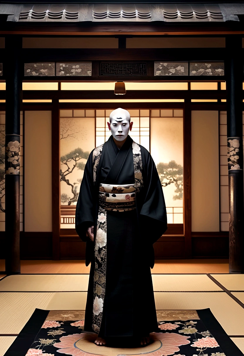 Create an image of a mysterious monk in a traditional Japanese setting. The monk has a white, painted face with intricate black markings, giving him an eerie and otherworldly appearance. He is wearing a black kimono with intricate floral patterns and is standing with his hands pressed together in a prayer position. The background is a dimly lit, traditional Japanese room with various decorations on the walls, adding to the mystical atmosphere.