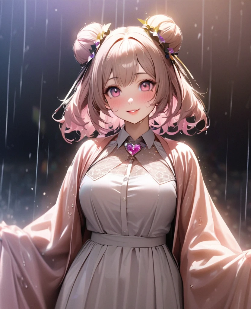 One Girl、Looking at the audience、lovely,
Beautiful pink eyes、Two brown double hair buns , Mole under the eye、Plump and glossy lips、Heart-shaped choca、Idol、Her name is May,smile、ー、。.。.。.。.。.。.。.。.。.。.。.。.。.。.。.。.。.。.3D、Realistic、
The idol's costume was soaked in the heavy rain, and her chest was wet and transparent.Heavy rain at outdoor concert, Drape clothes、gem、The decoration has been removed、Floral、Lace trim,On a glittering stage、
masterpiece、highest quality、8k、Detailed skin texture、Detailed cloth texture、Beautifully detailed face、Intricate details、Very detailed、
超A high resolution、8k Ultra HD、Film Grain、Best Shadow、delicate、Gazing at the audience、front