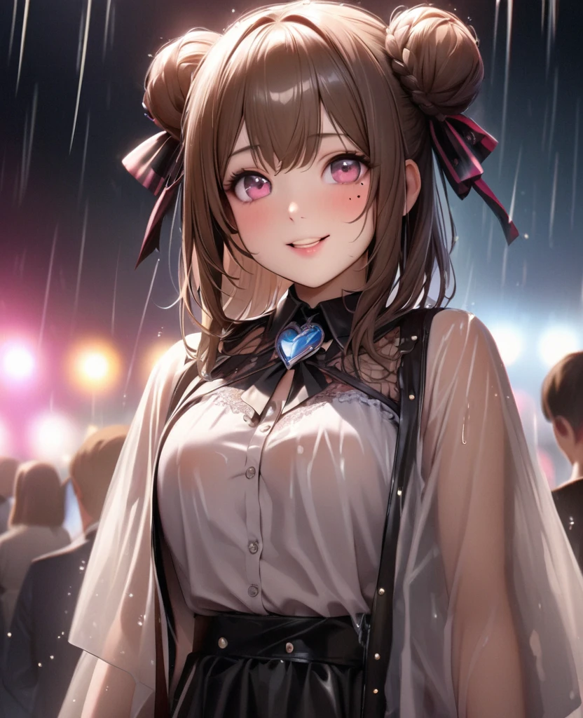 One Girl、Looking at the audience、lovely,
Beautiful pink eyes、short twin tail hair , Mole under the eye、Plump and glossy lips、Heart-shaped choca、Idol、Her name is Rico,smile、ー、。.。.。.。.。.。.。.。.。.。.。.。.。.。.。.。.。.。.3D、Realistic、
The idol's costume was soaked in the heavy rain, and her chest was wet and transparent.Heavy rain at outdoor concert, Drape clothes、gem、The decoration has been removed、Floral、Lace trim,On a glittering stage、
masterpiece、highest quality、8k、Detailed skin texture、Detailed cloth texture、Beautifully detailed face、Intricate details、Very detailed、
超A high resolution、8k Ultra HD、Film Grain、Best Shadow、delicate、Gazing at the audience、front