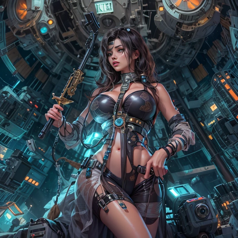 左目にEye patchをした美しい若い女性の宇宙海賊船長、Eye patch、Dreadlocks、Large Breasts、Spaceship、Barrel、Spaceport、arms、gun、knife、sword、Sensual pose、Provocative pose、Full Body Shot、(Highest quality、4k、8k、High resolution、masterpiece:1.2)、Super detailed、(Real、Photorealistic、Photorealistic:1.37)、Cinematic lighting、Dramatic lighting、Bright colors、Very detailed、SF、cyber punk、Digital Art、mynatalee woman