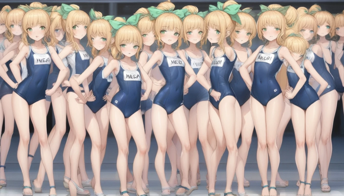 Short stature,flat chest, clone girls, blond hair, green eyes,roll(mega man classic),swimsuit roll(mega man x dive old design),high ponytail hair,Sleeveless navy one piece old type school swimsuit with white stripes from armpit to flank,white name tag, navy heeled sandals, green ribbon,human appearance,same height,same appearance, same face,fill the entire image, absolutely everyone, many clone, masterpiece, best quality,insanely detailed, 20000+ clone girls, perfect features,multiple clone girls,same school swimsuit,same hair,official art