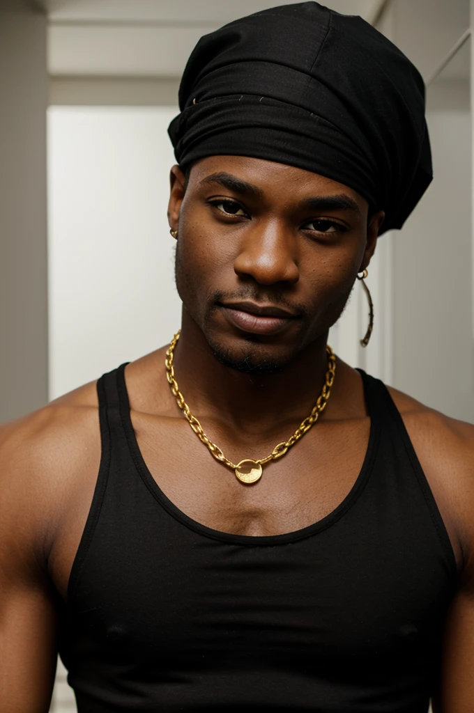 BLACK MAN, BLACK BANDANA, WHITE TANK TOP, GOLD CHAIN, FACE FRONT, BRIGHT FACE