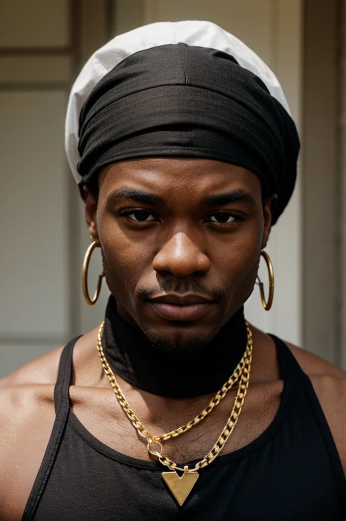 BLACK MAN, BLACK BANDANA, WHITE TANK TOP, GOLD CHAIN, FACE FRONT, BRIGHT FACE