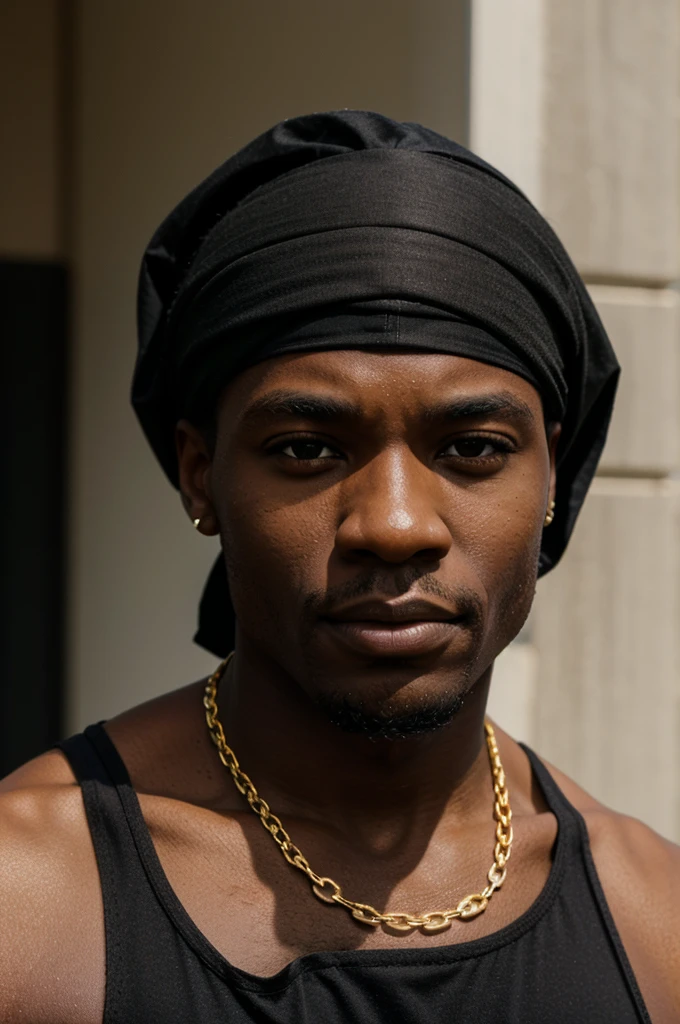 BLACK MAN, BLACK BANDANA, WHITE TANK TOP, GOLD CHAIN, FACE FRONT, BRIGHT FACE