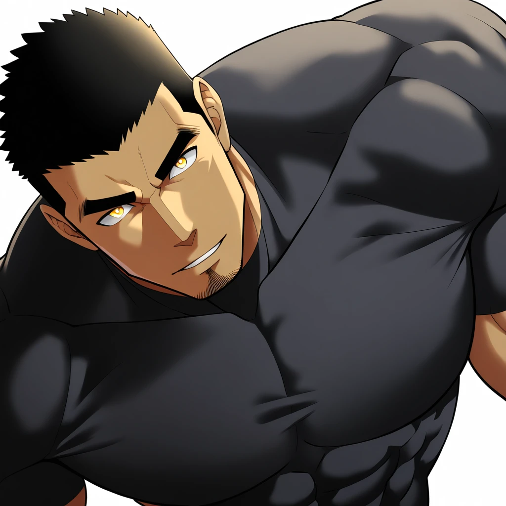 one negro, anime characters：Gyee, Hibino Kafka, Muscle Sports Student, negro black skin, Very Black, 1 muscular tough guy, Manliness, male focus, Dark grey turtleneck tight T-shirt,  Regular symmetrical pattern, Very tight, The pectoral muscles are oversized, muscular male, muscular, only, Upper body, alone, Black short hair, Thick eyebrows, stubble, Yellow eyes, White background, simple background, amazing quality, best aesthetics, Ridiculous, bright pupils, crew cut, parted lips, seductive smile, torogao, naughty face, best quality