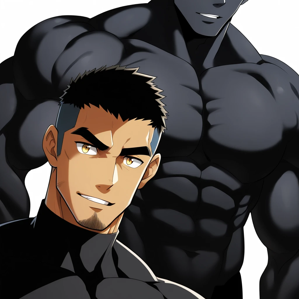 one negro, anime characters：Gyee, Hibino Kafka, Muscle Sports Student, ????? black skin, Very Black, 1 muscular tough guy, Manliness, male focus, Dark grey turtleneck tight T-shirt,  Regular symmetrical pattern, Very tight, The pectoral muscles are oversized, muscular male, muscular, only, Upper body, alone, Black short hair, Thick eyebrows, stubble, Yellow eyes, White background, simple background, amazing quality, best aesthetics, Ridiculous, bright pupils, crew cut, parted lips, seductive smile, torogao, naughty face, best quality