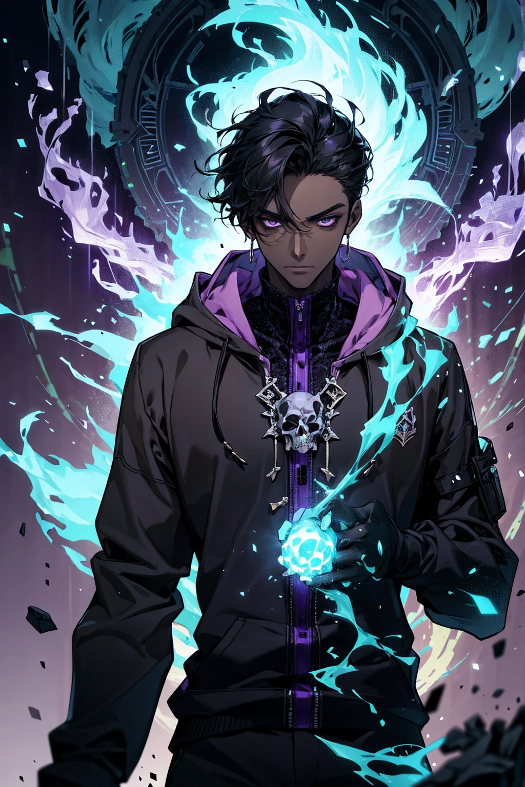male with bones, looking away from camera, skulls, bones, handsome, black, dark skin, tall, broad shoulders, black hair, purple, purple fire, magic, detailed face, fantasy, hoodie