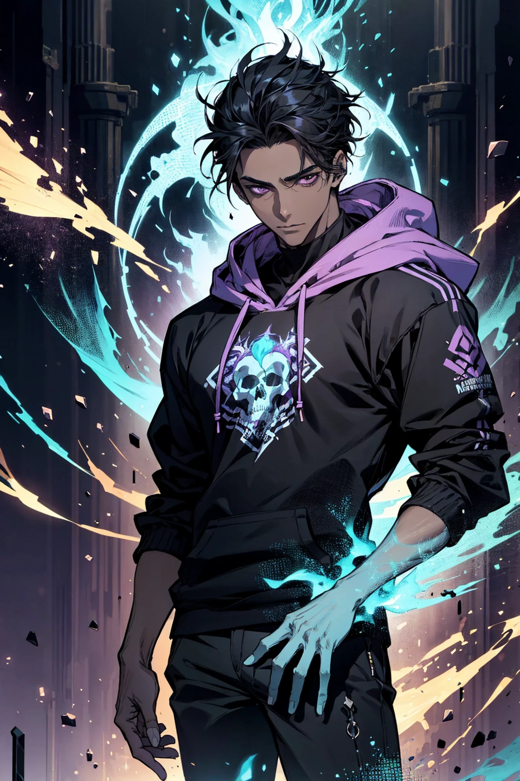 male with bones, looking away from camera, skulls, bones, handsome, black, dark skin, tall, broad shoulders, black hair, purple, purple fire, magic, detailed face, fantasy, hoodie