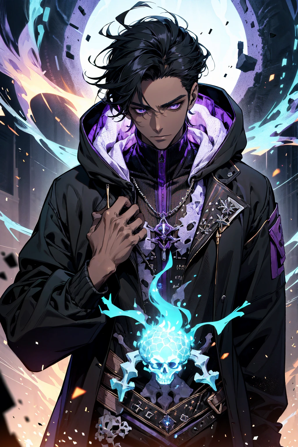 male with bones, looking away from camera, skulls, bones, handsome, black, dark skin, tall, broad shoulders, black hair, purple, purple fire, magic, detailed face, fantasy, hoodie