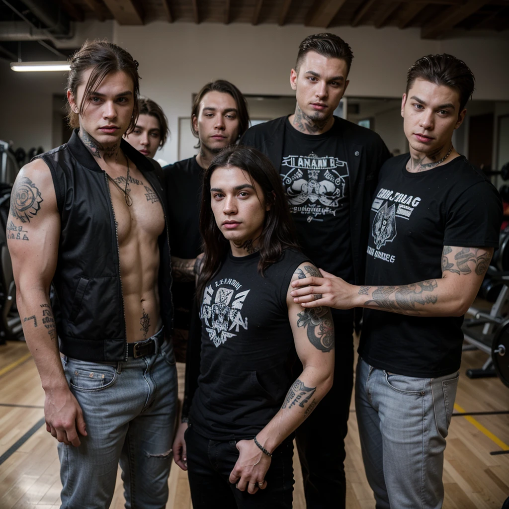 a group of four muscular men wearing black shirts and jackets, punk rockers, rock band at the gym, the musicians are strong, have tattoos, realistic, photography, photo,(best quality,4k,8k,highres,masterpiece:1.2),ultra-detailed,(realistic,photorealistic,photo-realistic:1.37),HDR,UHD,studio lighting,extremely detailed faces and bodies,highly detailed tattoos,dramatic lighting,gritty,edgy,moody