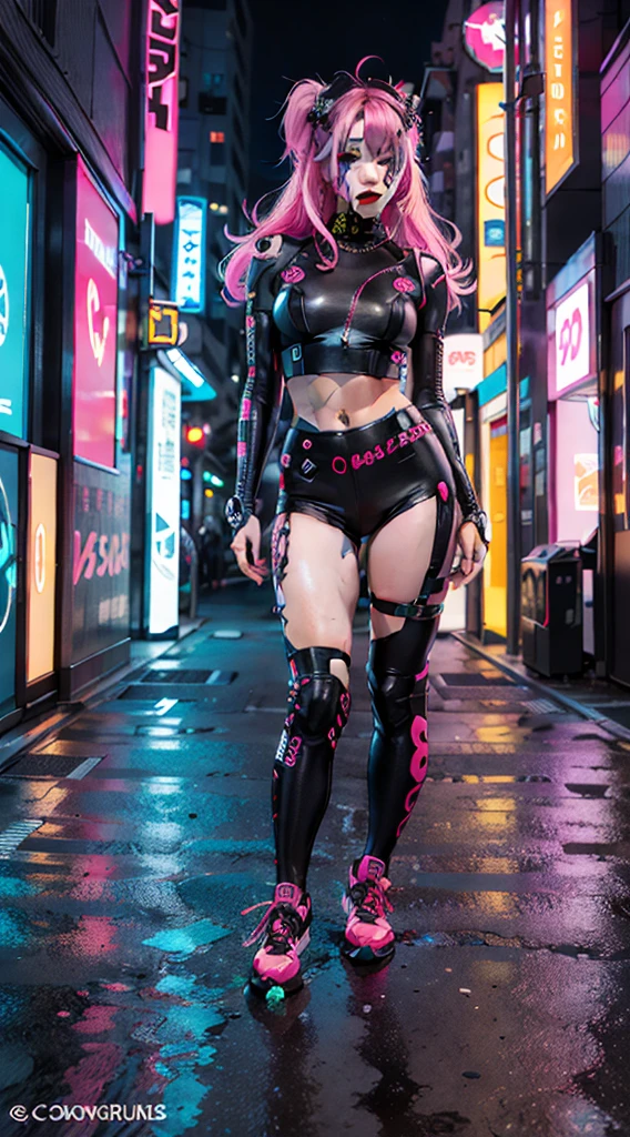 masterpiece, Highest quality, Confident Cyberpunk Girl, Full Body Shot, Harajuku-style pop costumes, Bold colors and patterns, Eye-catching accessories, Trendy and innovative hairstyles, Vibrant makeup, Dazzling cyberpunk cityscape, skyscraper, Neon Signs, LED Light, Bright and vivid color scheme, anime, figure, Detailed skin texture, Detailed cloth texture, Beautifully detailed face, Intricate details, Super detailed.