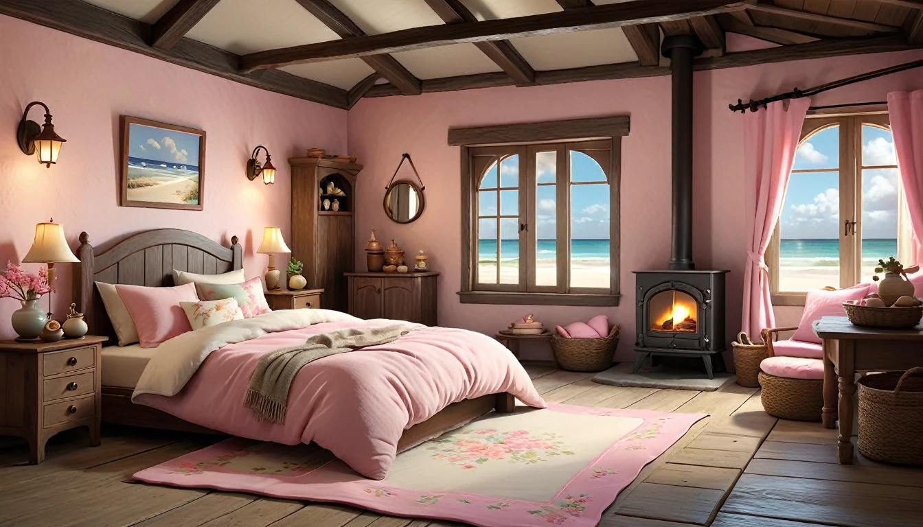 A captivating 3D render of a cozy bedroom in an old Hobbit-style house, featuring a comfortable bed with pink bedding and neutral-colored accents. The room is illuminated by soft sconces on the wall, and an open wardrobe adds a charming touch. In the distance, through the bedroom window, one can see a cloudy rainy day on a beach, evoking the magic of a Disney film. The background showcases a quaint, rustic beach scene, with period utensils and an old-fashioned fireplace. The unique combination of elements creates a sense of depth and a nostalgic, fairy-tale-like atmosphere., 3d render, ukiyo-e