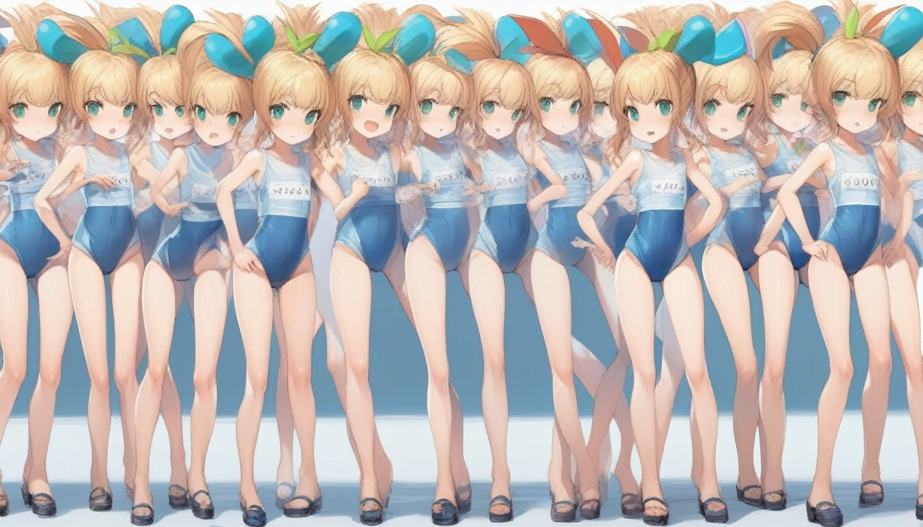 Short stature,flat chest, clone girls, blond hair, green eyes,roll(mega man classic),swimsuit roll(mega man x dive old design),high ponytail hair,Sleeveless navy one piece old type school swimsuit with white stripes from armpit to flank,white name tag, navy heeled sandals, green ribbon,human appearance,same height,same appearance, same face,fill the entire image, absolutely everyone, many clone, masterpiece, best quality,insanely detailed, 20000+ clone girls, perfect features,multiple clone girls,same school swimsuit,same hair,official art