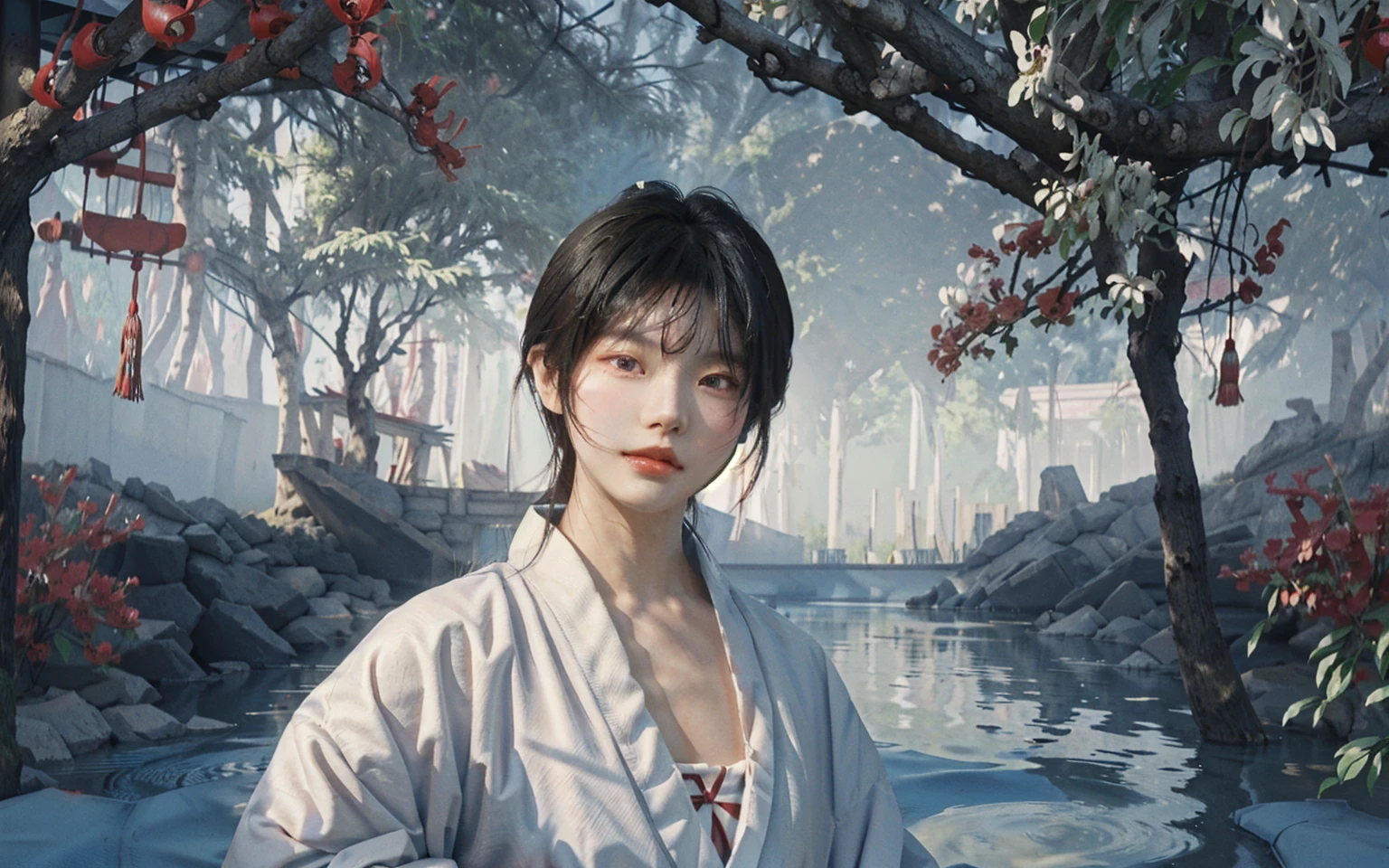 a man in a kimono robe standing in front of a of a river, inspired by Yanjun Cheng, yanjun chengt, inspired by Bian Shoumin, artwork in the style of guweiz, inspired by Yeong-Hao Han, inspired by Zhang Han, by Yanjun Cheng, by Yang J, cai xukun, guweiz,huge breasts,huge chest,huge muscle,huge bust,sexy guy,hot guy,horny guy,femboy,pretty boy,man's breasts,traditional Chinese painting,traditional Chinese art,(((looking at you))),(gazing at you)