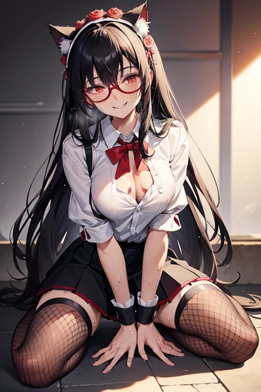 18 yeas old, girl, black hair, long hair, Straight bangs, slim, big tits, narrow red eyes, cute, cat ears, glasses,
(embarrassed, blush:1), (ecstasy:1.3), (think:1.8), (smile:1.5), (sweat:1.6), beautiful nipple, ruffle shirt, layered pleated skirt, tie, braless, see-through, ribbon, fishnet, frills, Kneesocks, rose, headdress, loafers,
handcuffs, frontal, squating, centet of attention, alley, night, spotlight, lifted shirt, spread legs, open knees wide,
