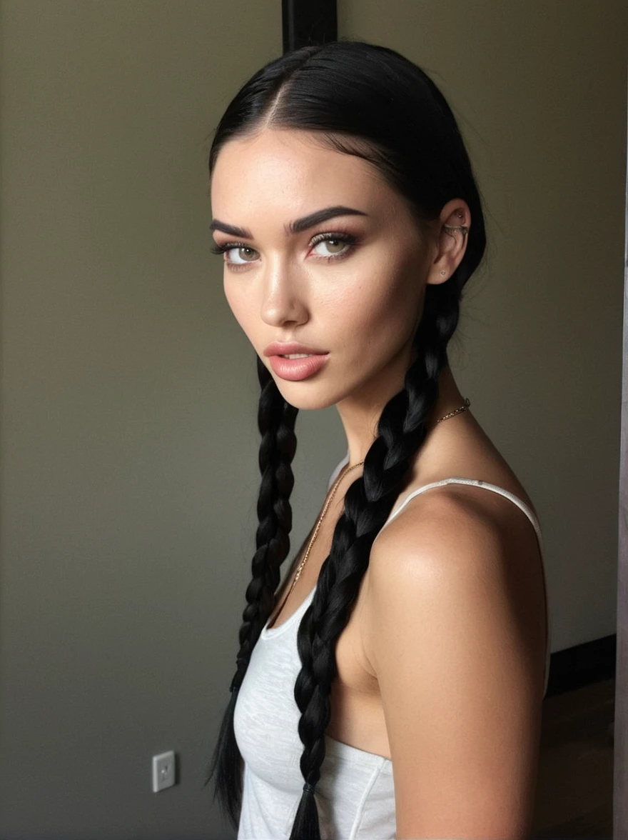 a realistic instagram photo of a [ really beautiful exotic androgynous supermodel 19 year old woman] , with [long, dark hair in sleek braids] , looks like [Megan FOX] and [Adriana Lima], light makeup, looking [innocent, cute, flushed] ,  [light] skin --ar 9:16 --stylize 750 --v 6