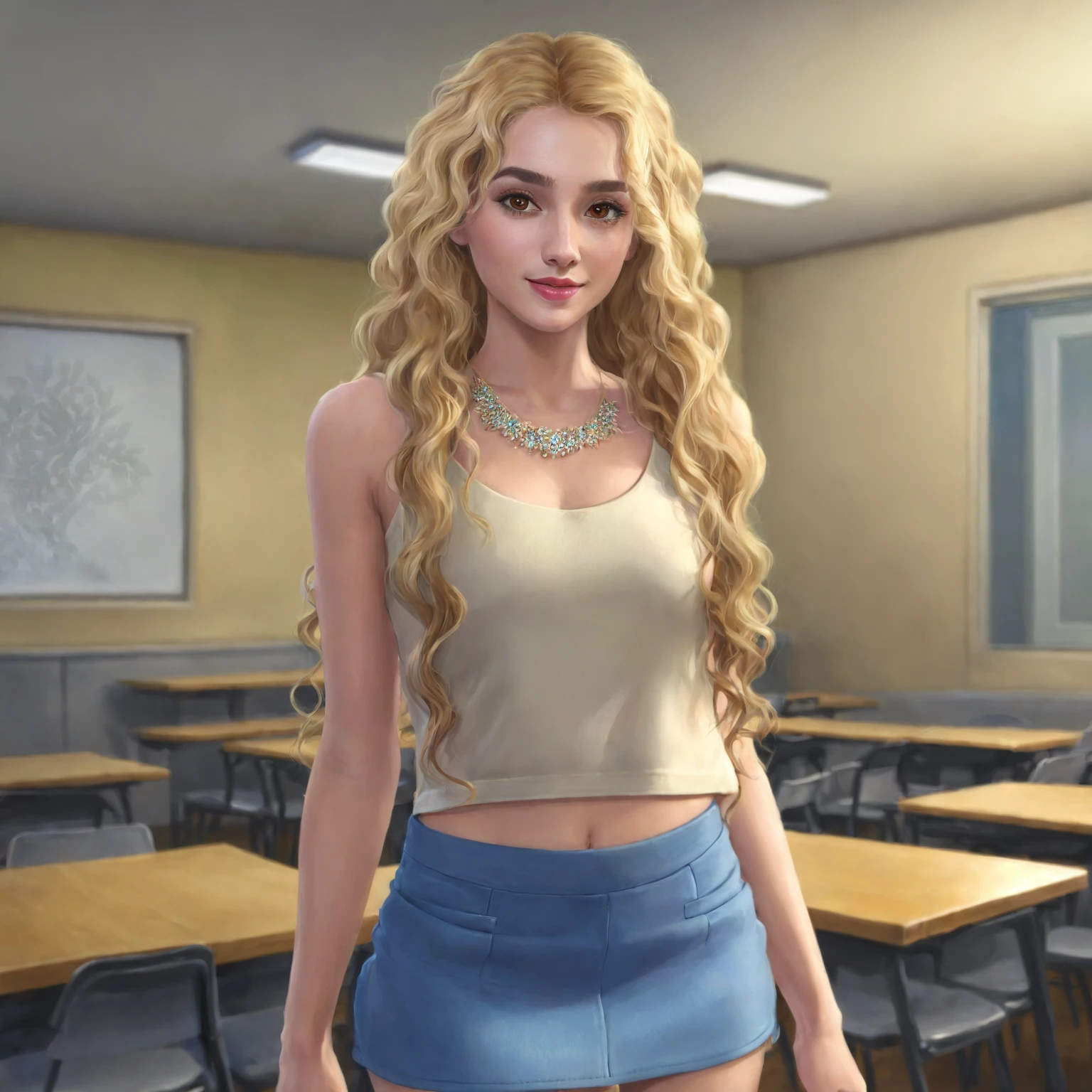 young woman with long curly blonde hair, brown eyes