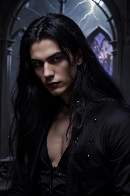 Lovely young handsome hetero Man Jinx Edward vampire with super big indigo eyes and gems and long black hair, with nice and delicate face, in a dark gothic magic castle with annie and claudia and Lestat, in Red Rose manor. Terror ambient. The more handsome man in the world. Night storm. Gothic scene. Cats eyes.Luxury. Violet. Superdelicious.