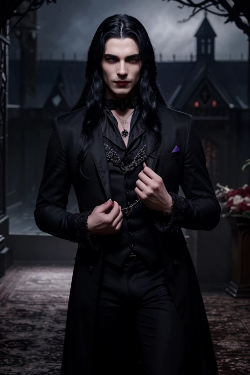 Lovely young handsome hetero Man Jinx Edward vampire with super big indigo eyes and gems and long black hair, with nice and delicate face, in a dark gothic magic castle with annie and claudia and Lestat, in Red Rose manor. Terror ambient. The more handsome man in the world. Night storm. Gothic scene. Cats eyes.Luxury. Violet. Superdelicious.