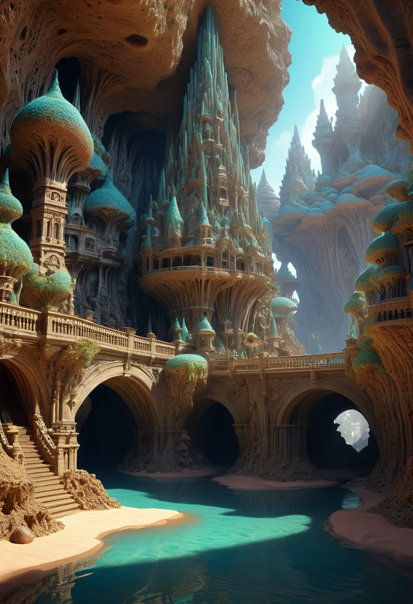hay muchas cavidades invertidas (diferentes habitaciones, unidas por salientes de mandelbulb que forman pasadizos) in the middle of an underground canyon that makes up a mandelbulb mud village at different heights with many balconies and stalactites and stalactites, fantasy architecture, Arte digital 4k muy detallado, beautiful detailed fantasy, stunning fantasy landscape, detailed fantasy digital art, arstation y pitido altamente, fantasy style octane 8k rendering, stuning fantasy 3d rendering, 4k detail fantasy, fantasy 3d rendering, pitido de renderizado 3D, deep masive desert landscape, stalacmite cave laberinto very confuse type geonosis bubbes