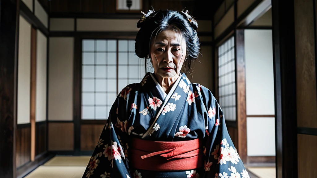 Create a highly realistic horror movie scene featuring an 80-year-old Japanese woman. The subject should appear as a believable, real person. She is dressed in a traditional Japanese kimono, and her entire body is visible from head to toe. The woman is posed in a demonic posture, reminiscent of classic Japanese horror film "Ju-on" (The Grudge). The setting is a common location used in horror films, such as an abandoned house or a decrepit building. The scene takes place during the daytime to contrast with the eerie atmosphere. Ensure the style is photorealistic, with high attention to detail. Avoid including any text in the photo.