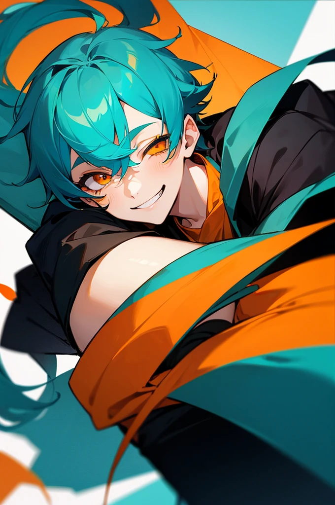 1 boy, Turquoise hair, orange eyes, black cloth, handsome, , wearing uniform, orange eye liner, smiling, left and right eyes closed