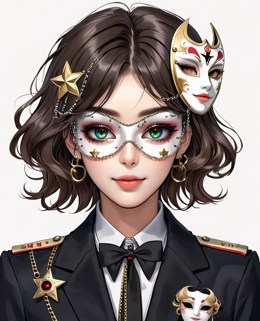elegant girl in anime style, highly detailed portrait of a woman holding a mask, symmetrical composition, large colorful eyes, beautiful facial features, delicate makeup, sweet smile, stars on cheeks, deep gaze, poofy hairstyle with hair clips, black suit with epaulettes and chains, clean simple white background, anatomically correct human body