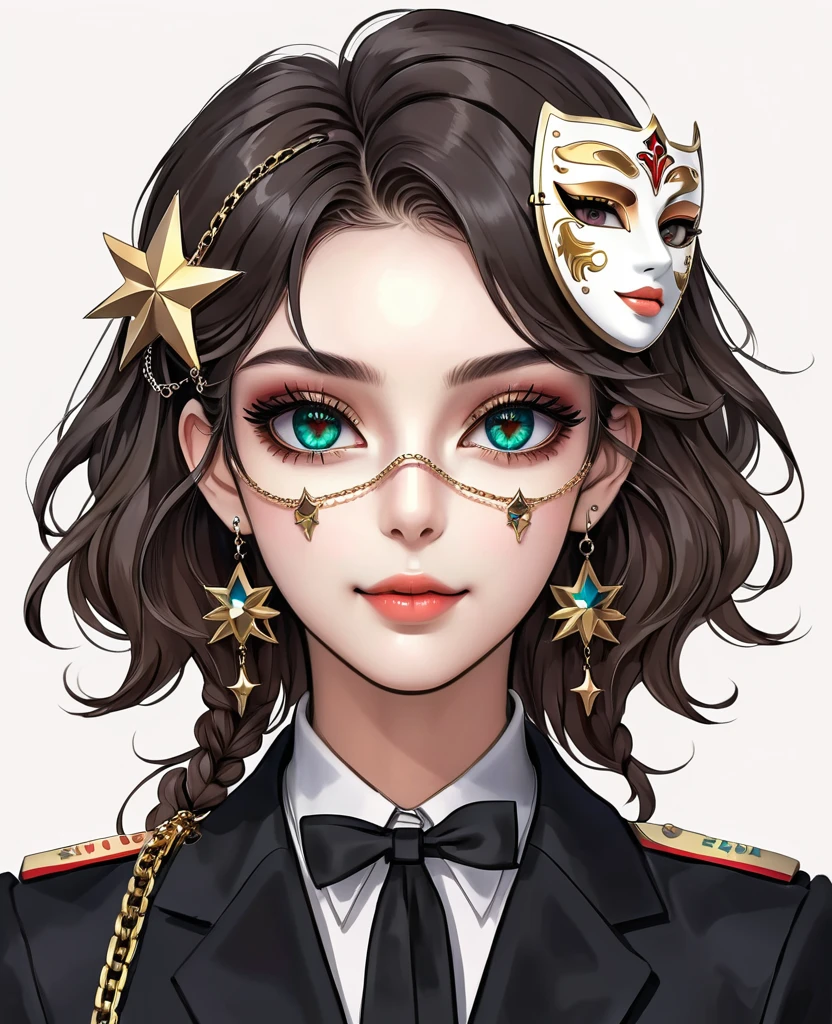 elegant girl in anime style, highly detailed portrait of a woman holding a mask, symmetrical composition, large colorful eyes, beautiful facial features, delicate makeup, sweet smile, stars on cheeks, deep gaze, poofy hairstyle with hair clips, black suit with epaulettes and chains, clean simple white background, anatomically correct human body