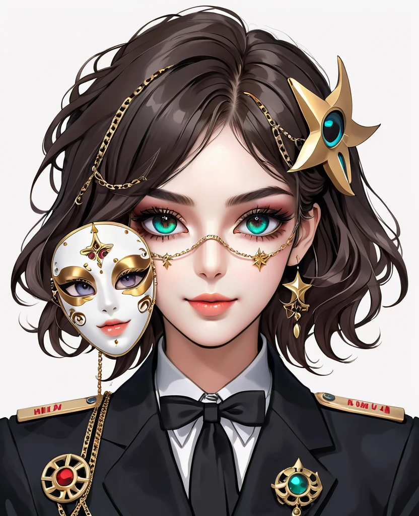 elegant girl in anime style, highly detailed portrait of a woman holding a mask, symmetrical composition, large colorful eyes, beautiful facial features, delicate makeup, sweet smile, stars on cheeks, deep gaze, poofy hairstyle with hair clips, black suit with epaulettes and chains, clean simple white background, anatomically correct human body