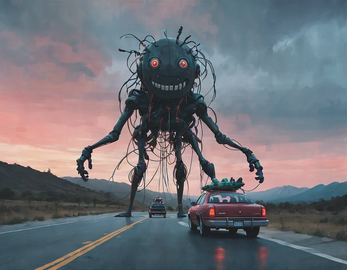 ssta, road, car with canoe, tall mech with toy face, wires, smaller mech drone people with glowing red eyes, jesus christ, arrodillado orando a los cielos, frente a un hermoso orisonte